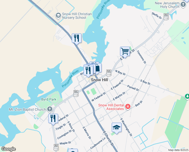 map of restaurants, bars, coffee shops, grocery stores, and more near 101 North Washington Street in Snow Hill