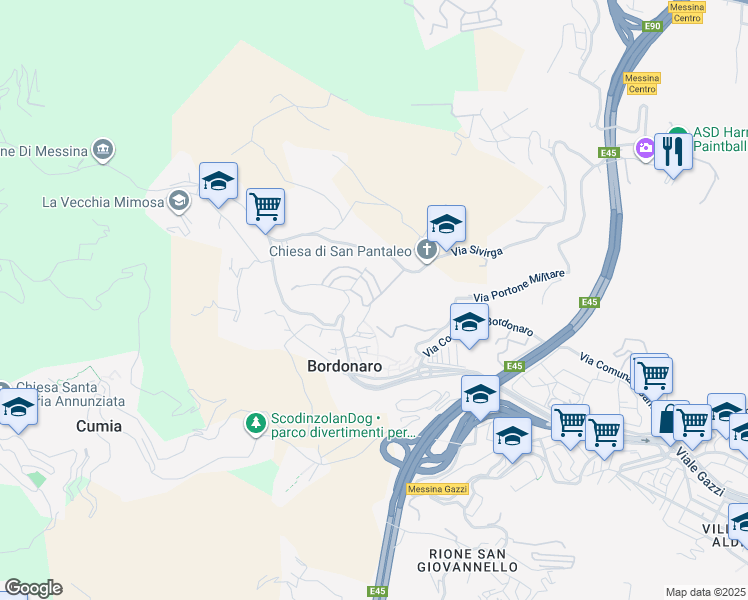 map of restaurants, bars, coffee shops, grocery stores, and more near Zona Urbana Bordonaro Inferiore in Messina