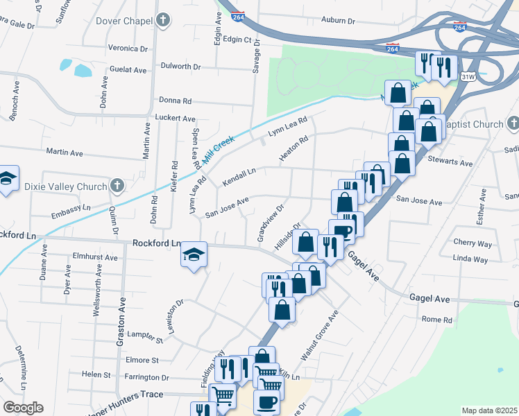 map of restaurants, bars, coffee shops, grocery stores, and more near 2014 San Jose Avenue in Shively