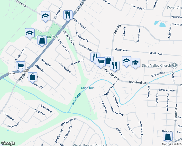 map of restaurants, bars, coffee shops, grocery stores, and more near 4807 Saddlebrook Lane in Louisville