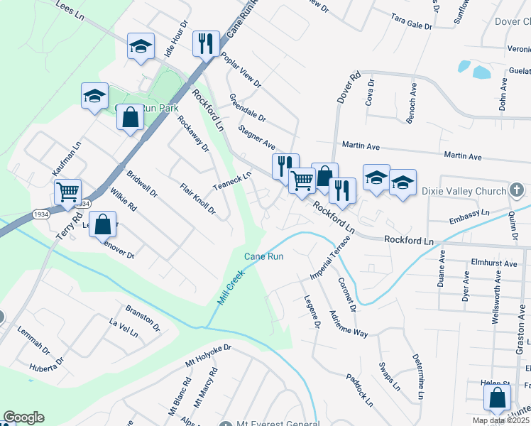 map of restaurants, bars, coffee shops, grocery stores, and more near 4905 Saddlebrook Lane in Louisville