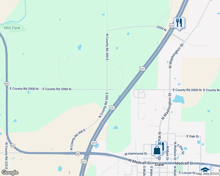 map of restaurants, bars, coffee shops, grocery stores, and more near 3038 E County Road 2000 North in Dale