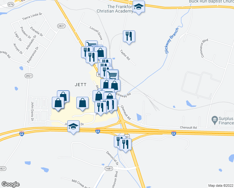 map of restaurants, bars, coffee shops, grocery stores, and more near 25 Slickaway Rd in Frankfort