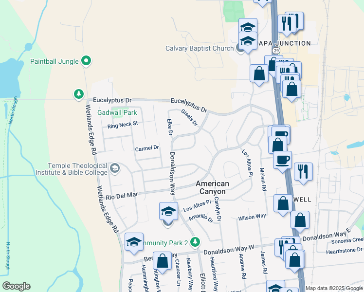 map of restaurants, bars, coffee shops, grocery stores, and more near 212 Jana Way in American Canyon