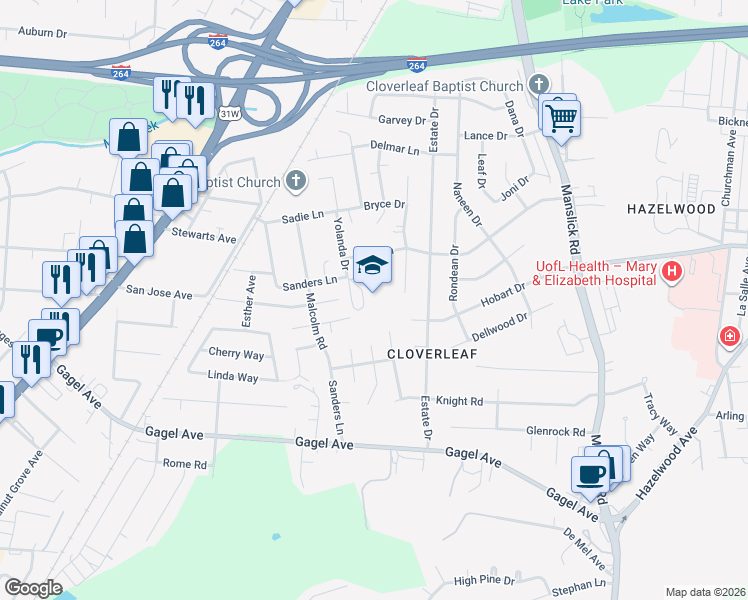 map of restaurants, bars, coffee shops, grocery stores, and more near 1500 Sanders Lane in Louisville