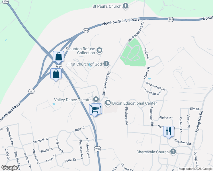 map of restaurants, bars, coffee shops, grocery stores, and more near 904 Royal Street in Staunton
