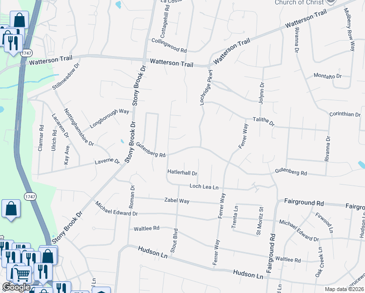 map of restaurants, bars, coffee shops, grocery stores, and more near 8904 Alphin Court in Jeffersontown