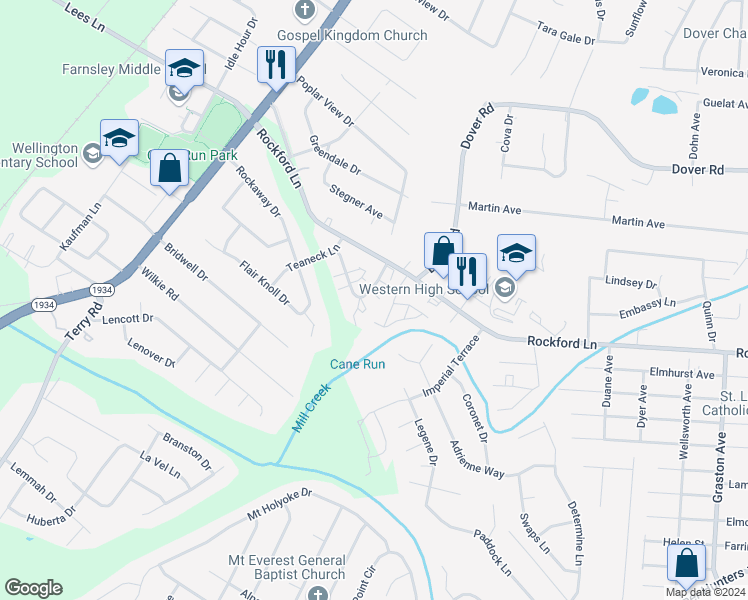 map of restaurants, bars, coffee shops, grocery stores, and more near 4807 Saddlebrook Lane in Louisville