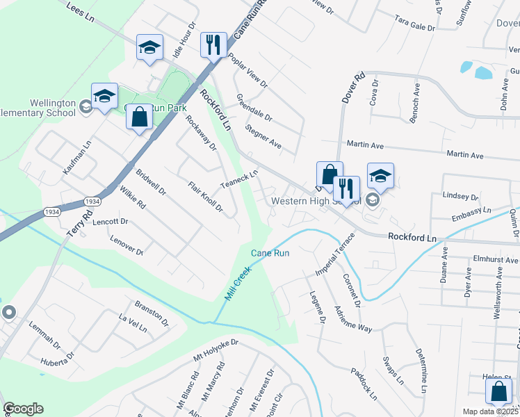 map of restaurants, bars, coffee shops, grocery stores, and more near 4905 Saddlebrook Lane in Louisville