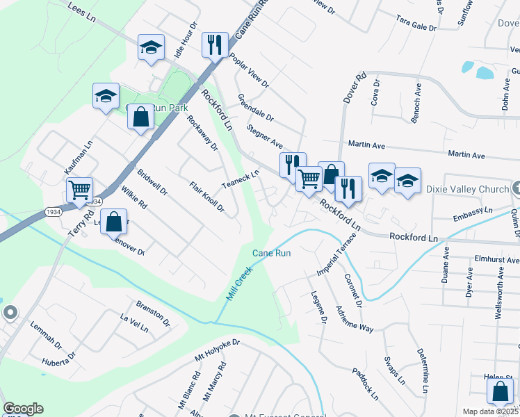 map of restaurants, bars, coffee shops, grocery stores, and more near 4905 Saddlebrook Lane in Louisville