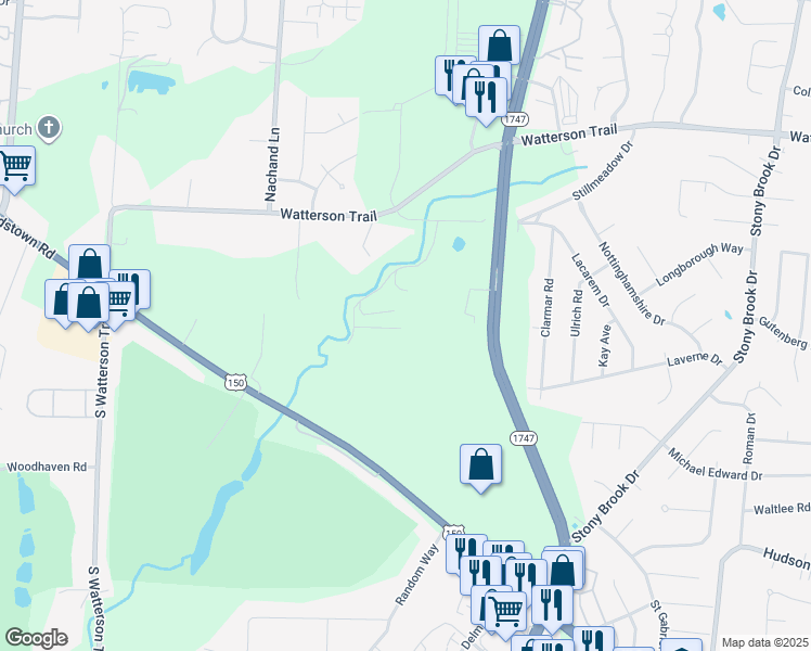 map of restaurants, bars, coffee shops, grocery stores, and more near 4905 Walnut Hills Drive in Louisville