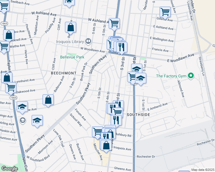 map of restaurants, bars, coffee shops, grocery stores, and more near 4830 South 4th Street in Louisville