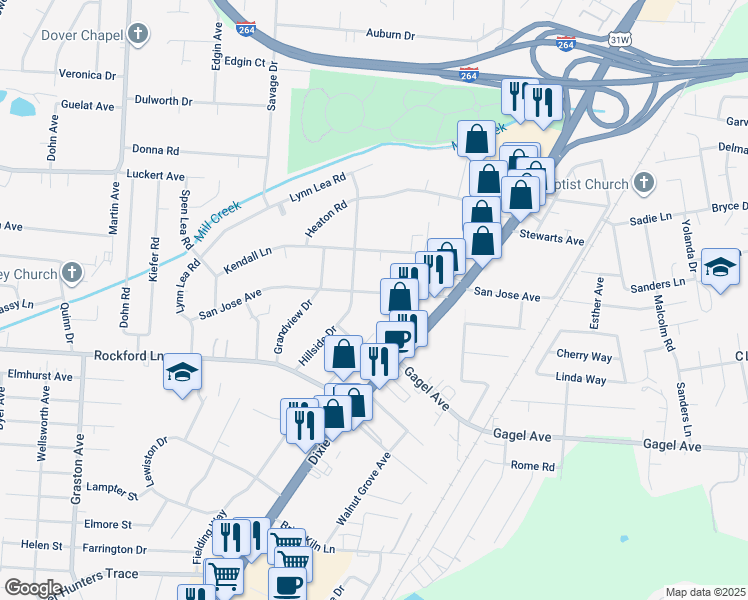 map of restaurants, bars, coffee shops, grocery stores, and more near 1844 San Jose Avenue in Louisville