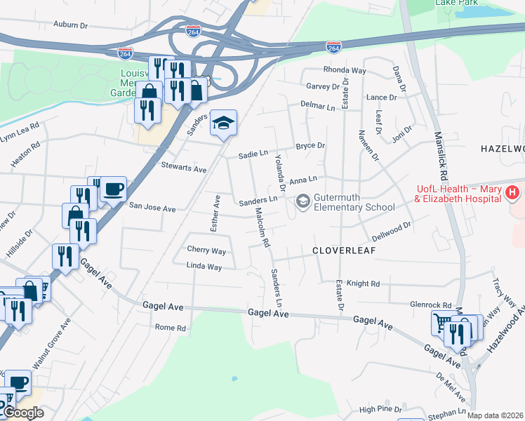 map of restaurants, bars, coffee shops, grocery stores, and more near 4430 Malcolm Road in Louisville