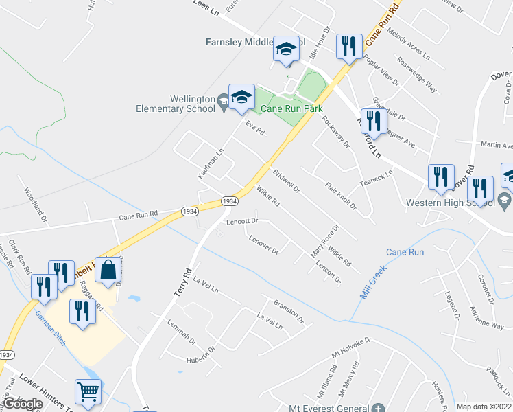 map of restaurants, bars, coffee shops, grocery stores, and more near 3219 Turnover Court in Louisville