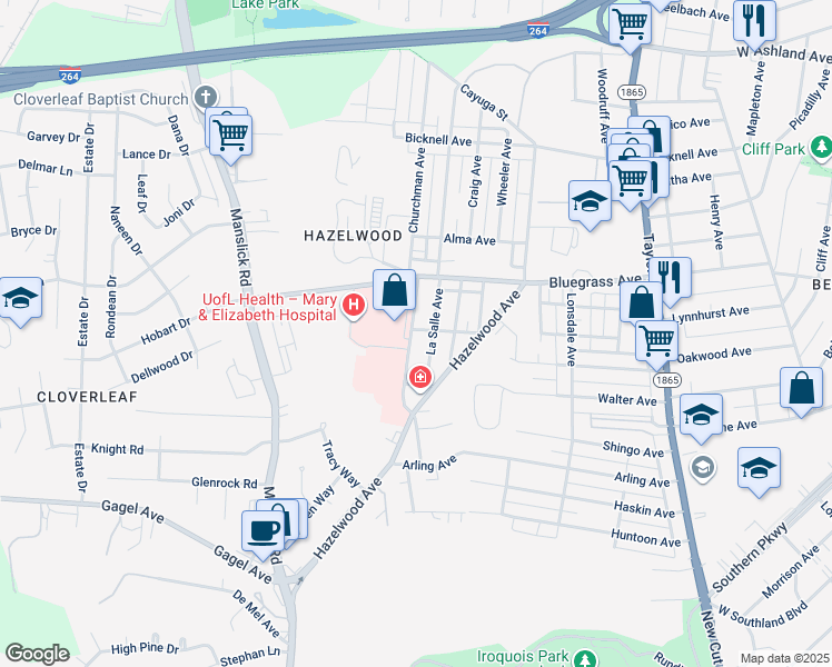 map of restaurants, bars, coffee shops, grocery stores, and more near 4400 Churchman Avenue in Louisville