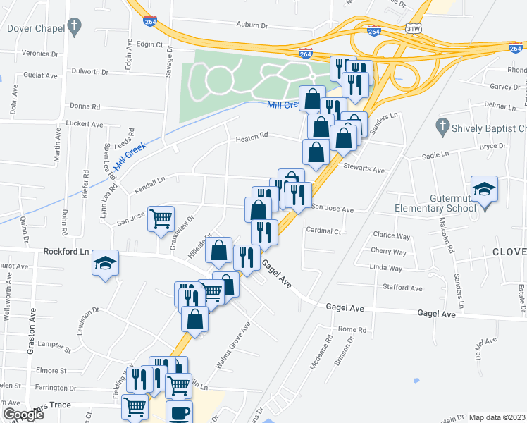 map of restaurants, bars, coffee shops, grocery stores, and more near 1820 San Jose Avenue in Louisville