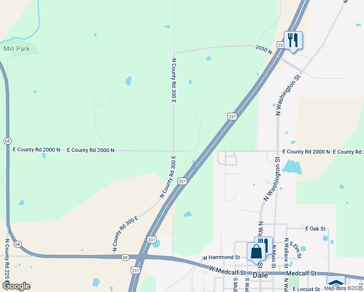 map of restaurants, bars, coffee shops, grocery stores, and more near 3038 E County Road 2000 N in Dale