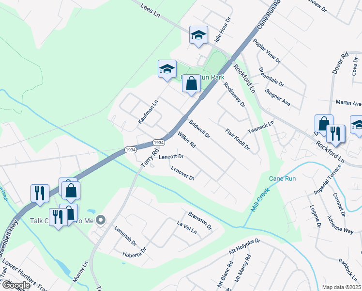 map of restaurants, bars, coffee shops, grocery stores, and more near 3219 Turnover Court in Louisville