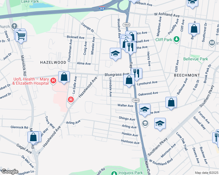 map of restaurants, bars, coffee shops, grocery stores, and more near 4300 Lonsdale Avenue in Louisville