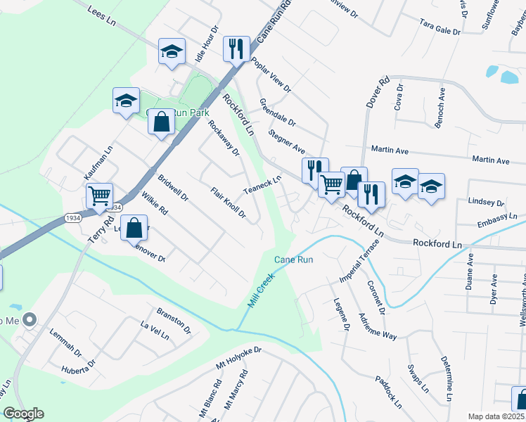 map of restaurants, bars, coffee shops, grocery stores, and more near 2907 Rockaway Drive in Louisville