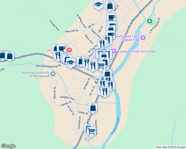 map of restaurants, bars, coffee shops, grocery stores, and more near 402 W Main St in Morehead