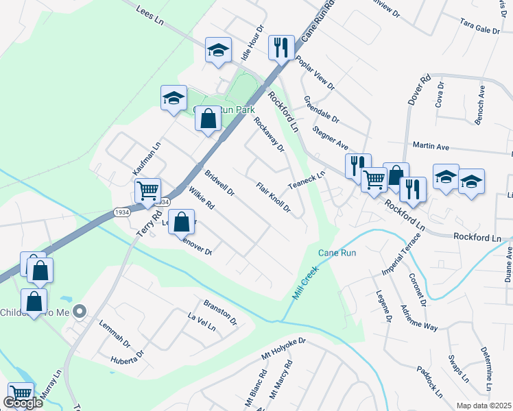 map of restaurants, bars, coffee shops, grocery stores, and more near 3123 Bridwell Drive in Louisville