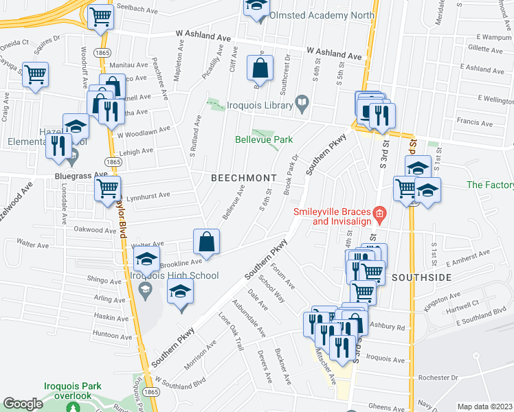 map of restaurants, bars, coffee shops, grocery stores, and more near 4818 South 6th Street in Louisville
