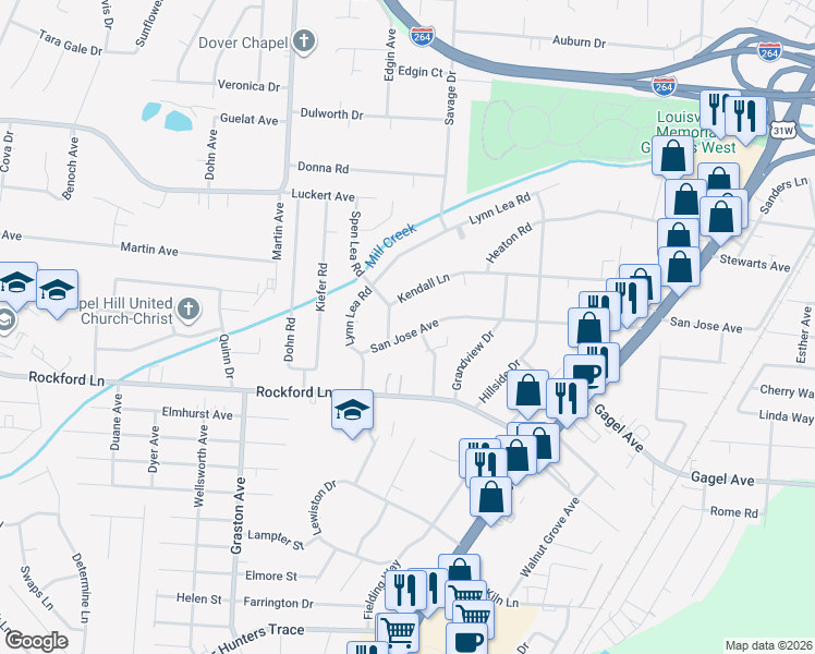 map of restaurants, bars, coffee shops, grocery stores, and more near 2029 San Jose Avenue in Louisville