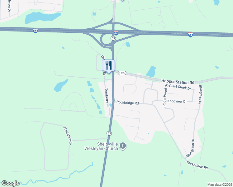 map of restaurants, bars, coffee shops, grocery stores, and more near 2341 Mount Eden Road in Shelbyville