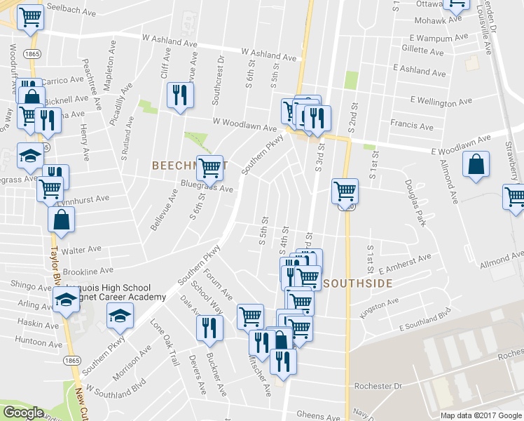 map of restaurants, bars, coffee shops, grocery stores, and more near 4826 South 5th Street in Louisville