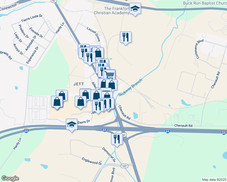 map of restaurants, bars, coffee shops, grocery stores, and more near 25 Slickaway Road in Frankfort