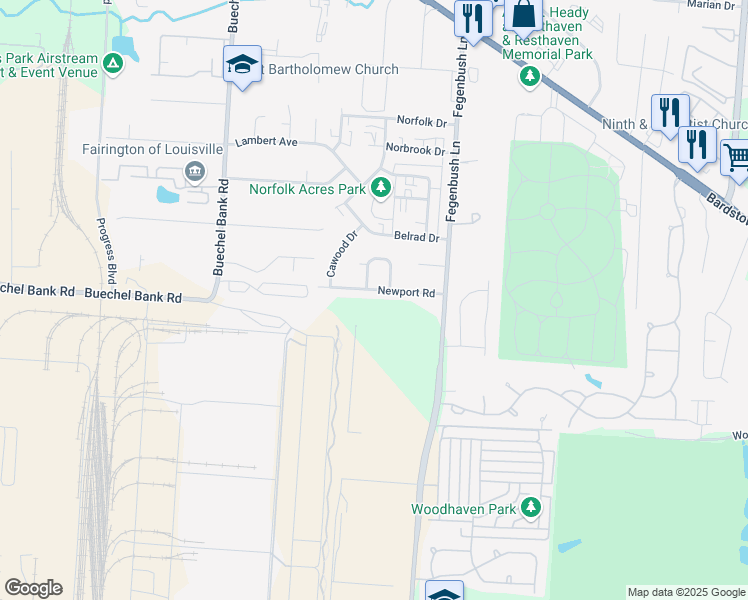 map of restaurants, bars, coffee shops, grocery stores, and more near 4324 Newport Road in Louisville