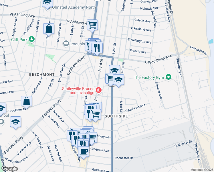 map of restaurants, bars, coffee shops, grocery stores, and more near 4816 South 2nd Street in Louisville