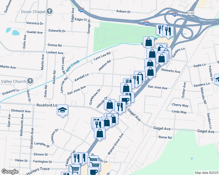 map of restaurants, bars, coffee shops, grocery stores, and more near 4604 Hillside Drive in Louisville