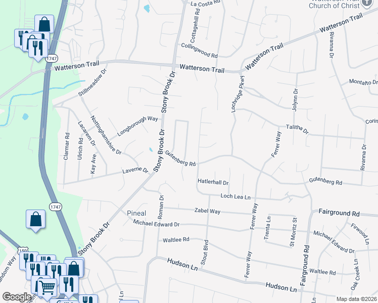 map of restaurants, bars, coffee shops, grocery stores, and more near 4619 Haeringdon Drive in Louisville