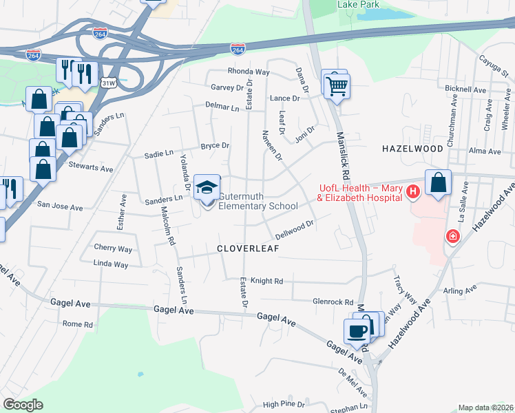 map of restaurants, bars, coffee shops, grocery stores, and more near 4410 Rondean Drive in Louisville