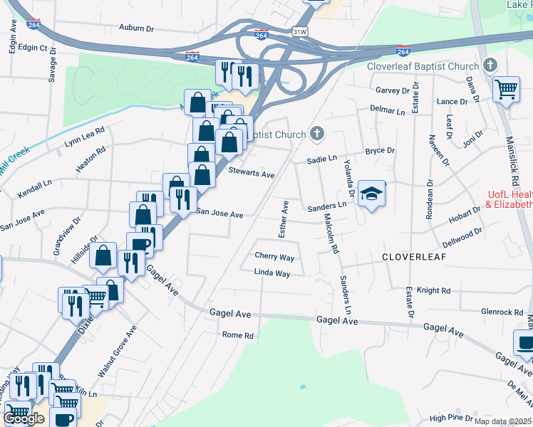 map of restaurants, bars, coffee shops, grocery stores, and more near 1615 Lou Gene Avenue in Louisville