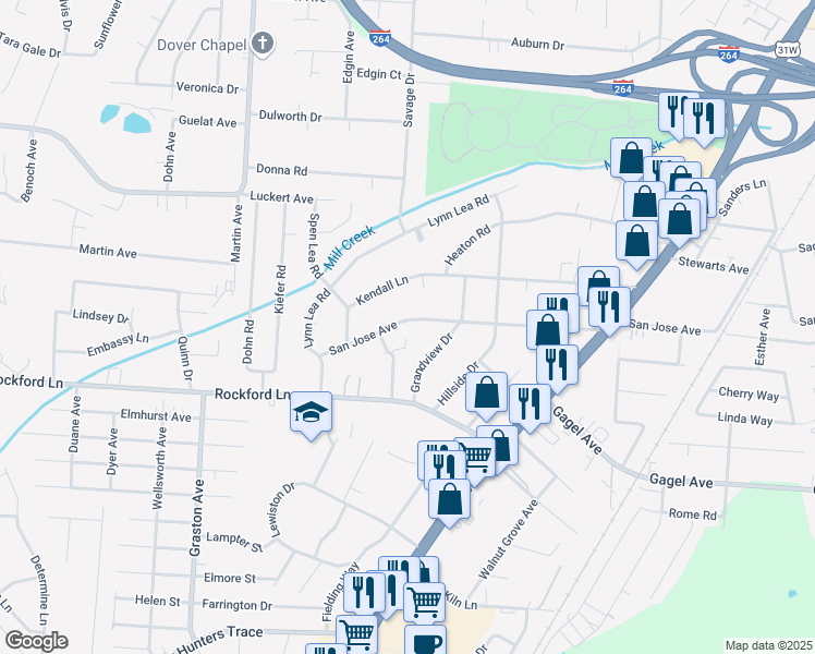 map of restaurants, bars, coffee shops, grocery stores, and more near 2014 San Jose Avenue in Shively