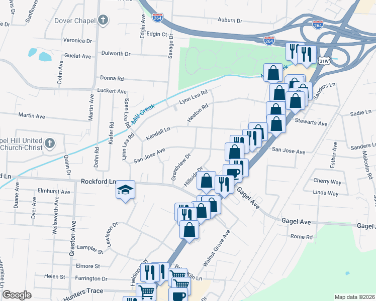 map of restaurants, bars, coffee shops, grocery stores, and more near 4600 Grandview Drive in Louisville