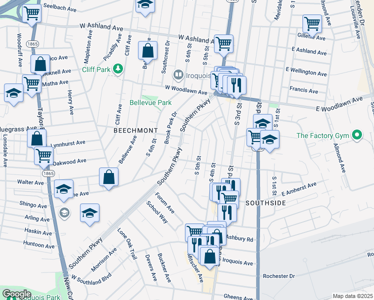 map of restaurants, bars, coffee shops, grocery stores, and more near 4823 Southern Parkway in Louisville