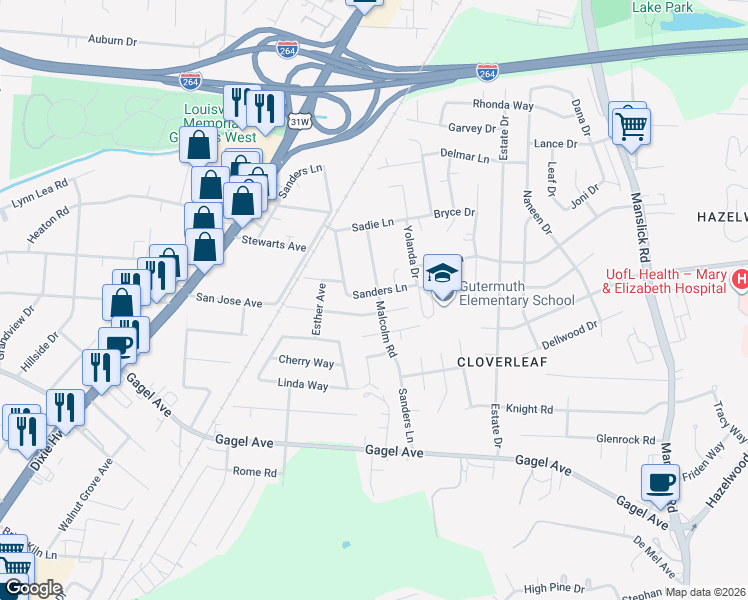 map of restaurants, bars, coffee shops, grocery stores, and more near 4430 Malcolm Road in Louisville