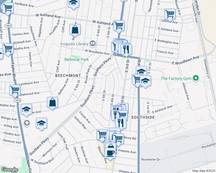 map of restaurants, bars, coffee shops, grocery stores, and more near 4826 South 5th Street in Louisville