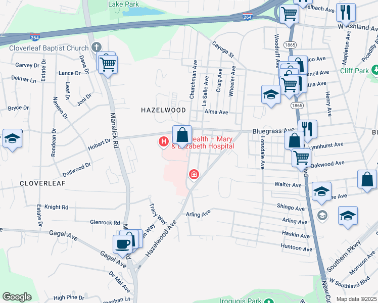 map of restaurants, bars, coffee shops, grocery stores, and more near 4400 Churchman Avenue in Louisville