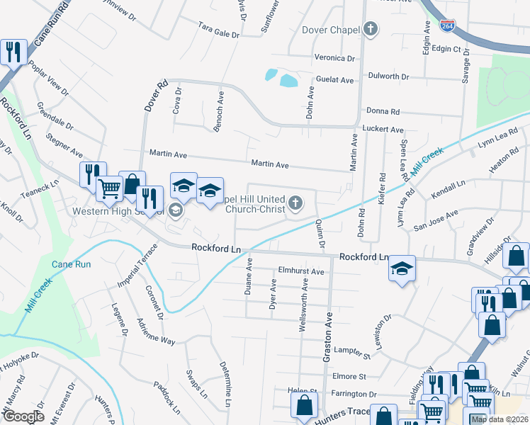map of restaurants, bars, coffee shops, grocery stores, and more near 2324 Lindsey Drive in Louisville