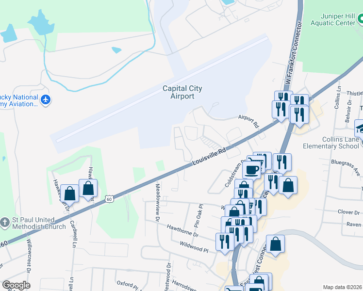 map of restaurants, bars, coffee shops, grocery stores, and more near 1328 Louisville Road in Frankfort
