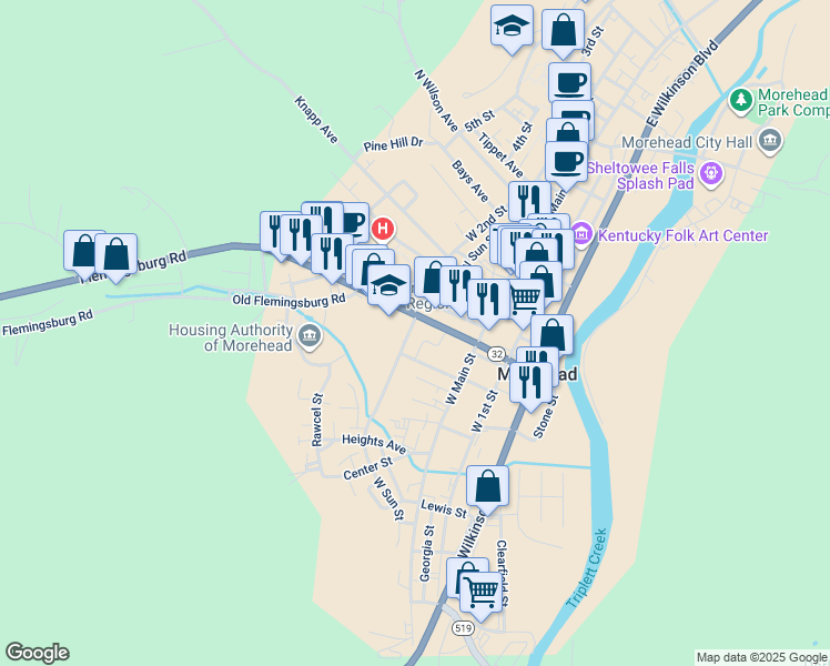 map of restaurants, bars, coffee shops, grocery stores, and more near 414 West Sun Street in Morehead