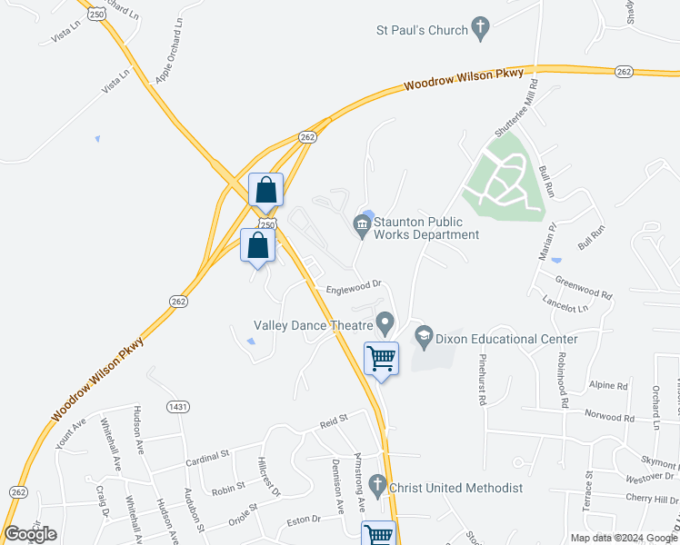 map of restaurants, bars, coffee shops, grocery stores, and more near 108 Collinswood Drive in Staunton