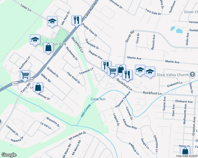 map of restaurants, bars, coffee shops, grocery stores, and more near 4810 Saddlebrook Lane in Louisville