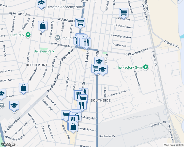 map of restaurants, bars, coffee shops, grocery stores, and more near 4816 South 2nd Street in Louisville